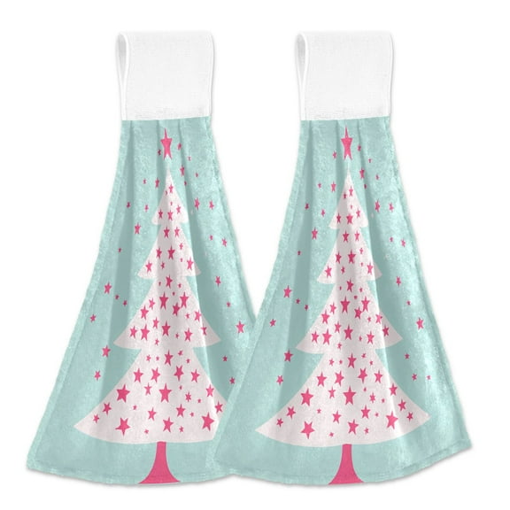 2 Pcs Kitchen Hand Towels with Hanging Loops Absorbent Soft Fast Drying Decor Bath Towels Starry Christmas Tree