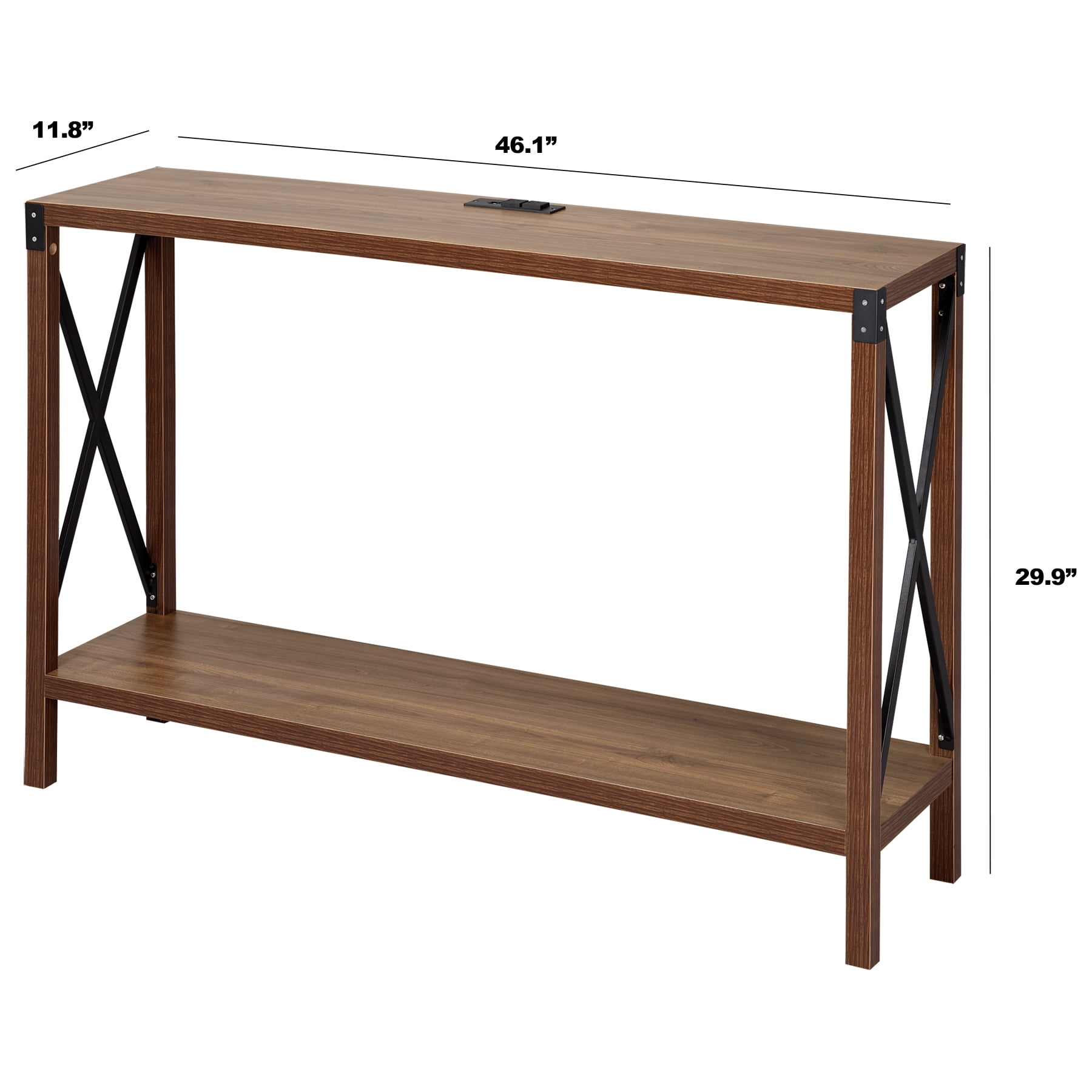 DecorTech Industrial Rectangular Wood Console Table with AC Power and USB Charging Ports, Walnut