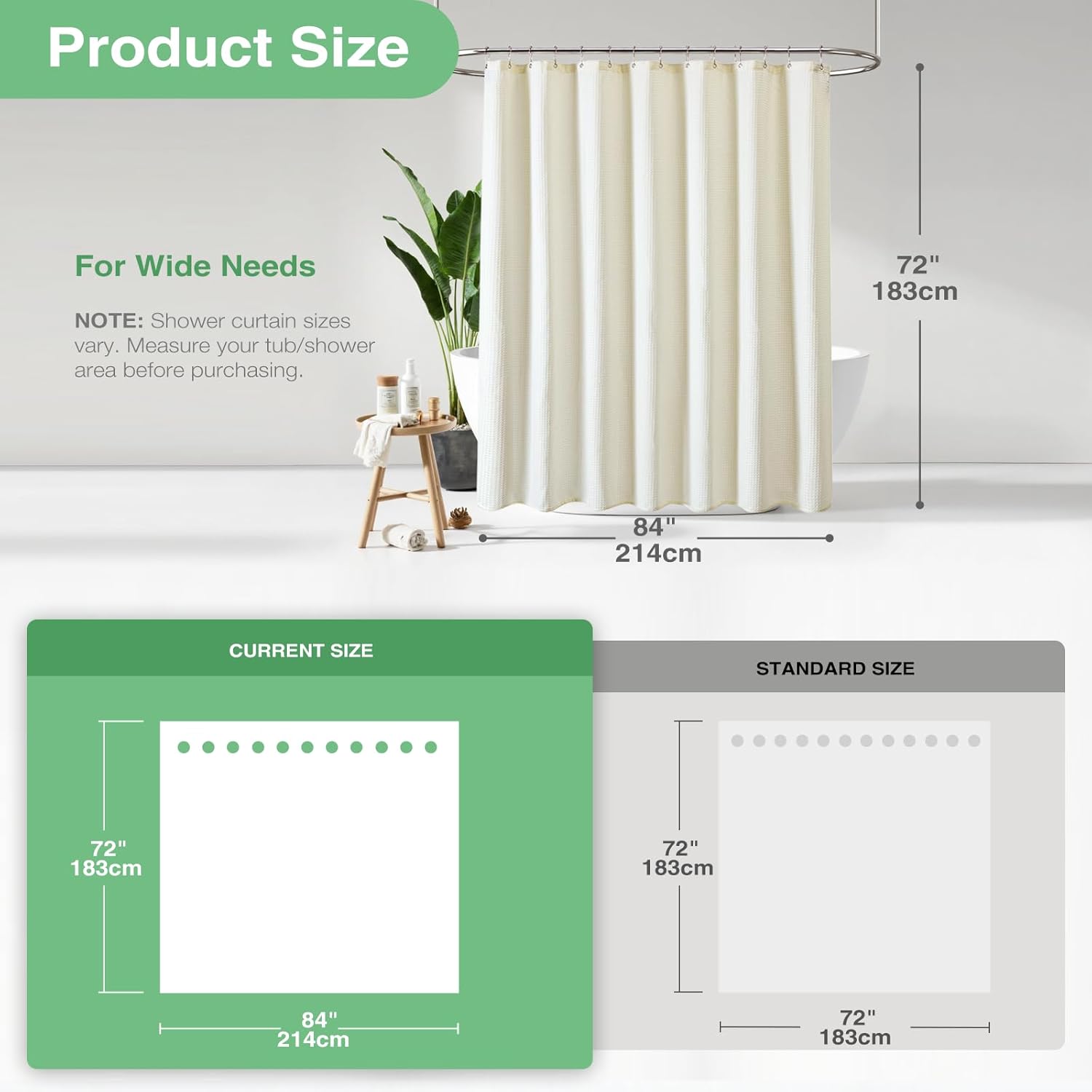 Extra Wide Shower Curtain - 84 Inch Wide Waffle Weave Weighted Thick Cloth Bathroom Shower Curtain, Neutral Heavy Duty Hotel Bath Curtain Set with 14 Plastic Hooks, 84x72, Cream/Ivory