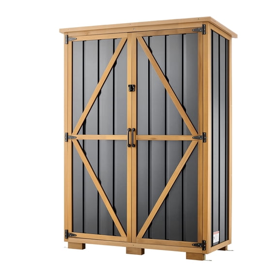 KFFKFF Outdoor Storage Shed, 46.06" x 62.99" Wooden & Metal Garden Tool Shed with Lockable Doors & Sloped Roof, Weather-Resistant Storage Cabinet with Shelves and Floor for Backyard, Black/Brown
