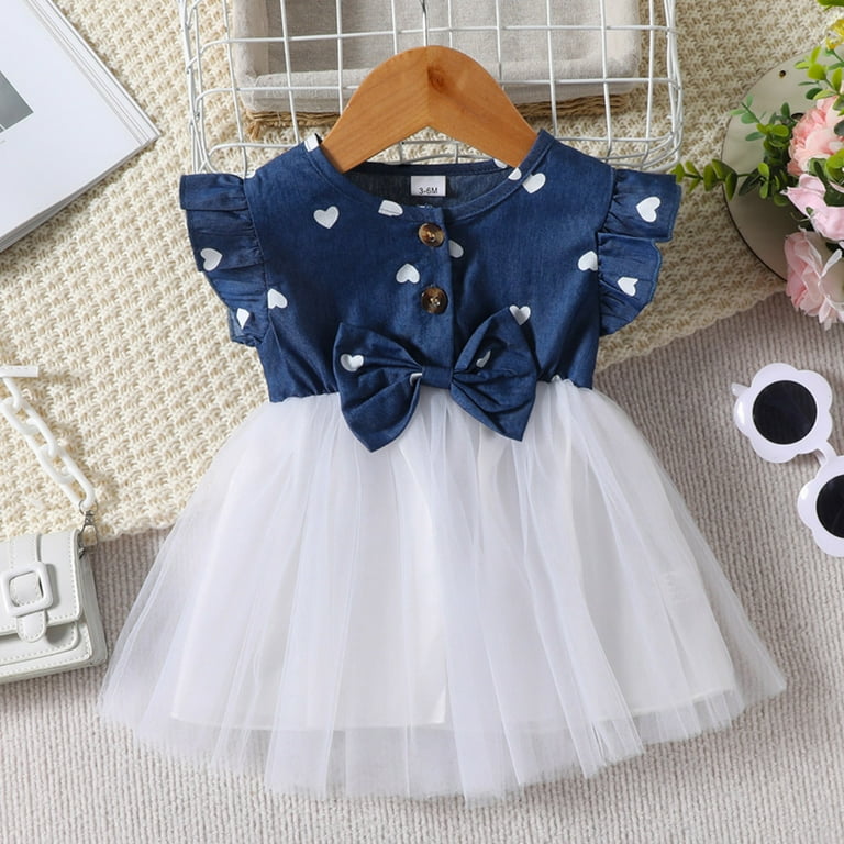 Bearichfupo Toddler Girls Fly Sleeve Heart Prints Denim Tulle Dress Dance Party Dresses Clothes, Sizes 9-12 Months