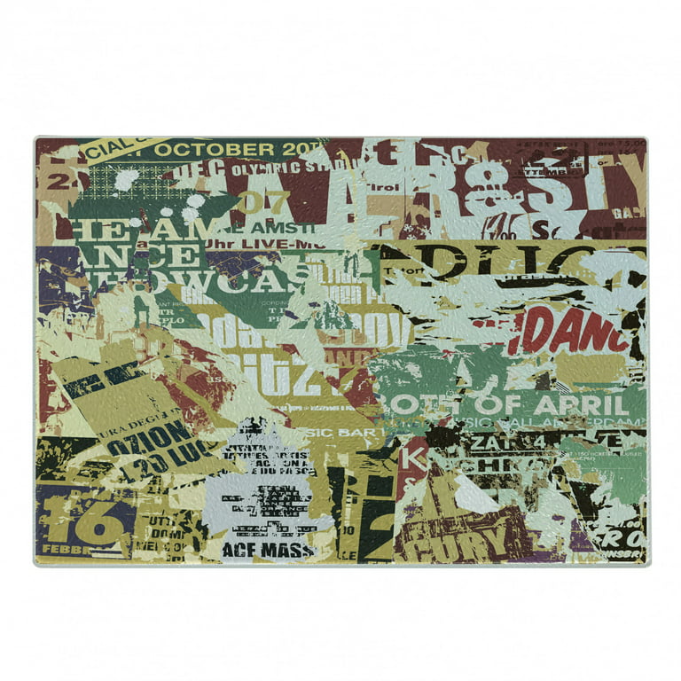 Retro Cutting Board, Grunge Style Collage Print of Old Torn Posters  Magazines Newspapers Paper Art Print, Decorative Tempered Glass Cutting and