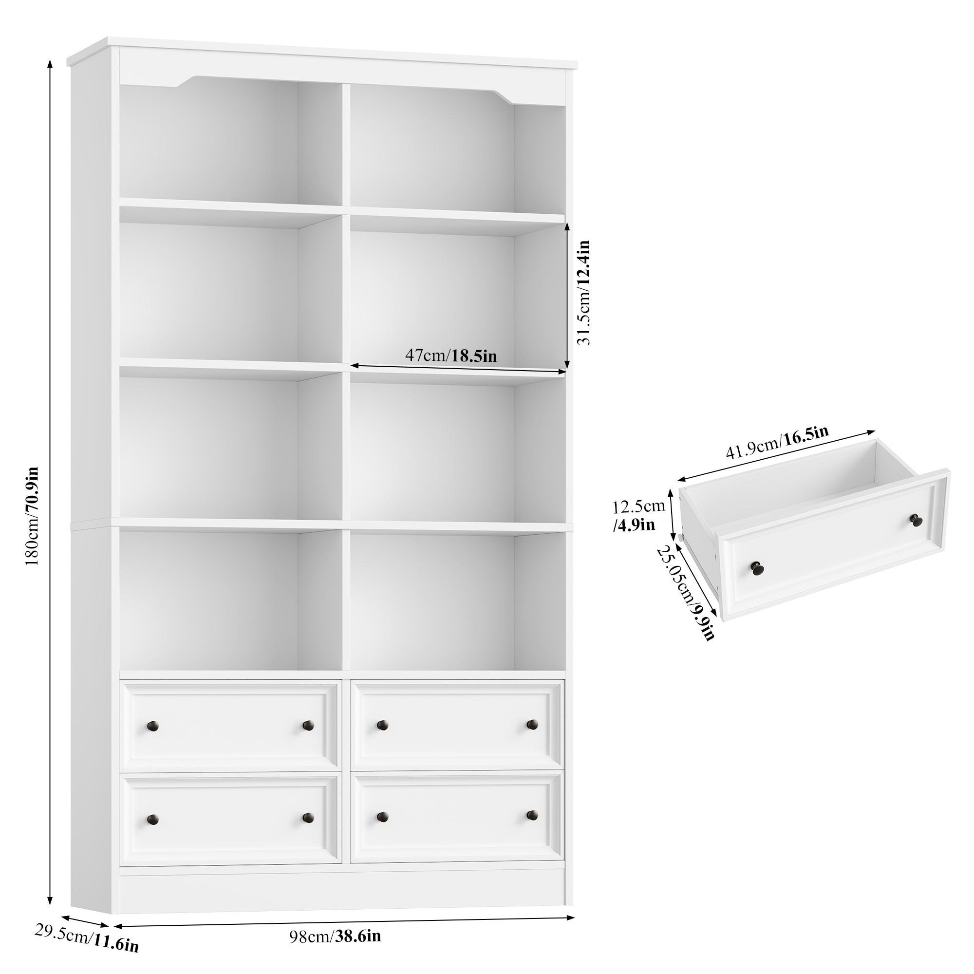 Homfa Double Row 6-Tier Bookcase with Drawers, 71 Inch, White photo 2