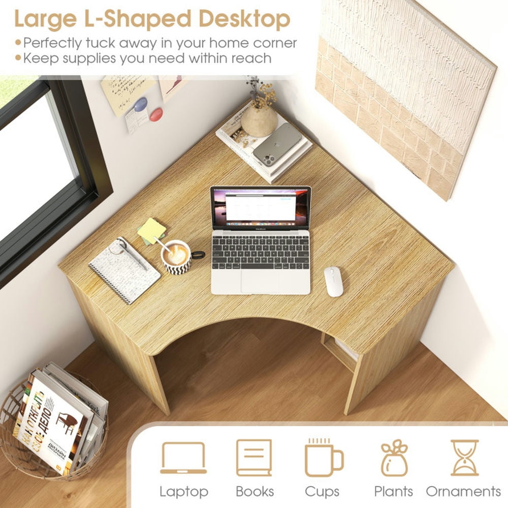 Demi Bonn Corner Computer Desk Triangle Home Office Desk with Adjustable Shelf and Arc-Shaped Profile, Beige