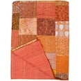 thumbnail image 3 of Vinsan Home Indian Handmade Kantha Quilted Vintage Kantha Silk Quilt Boho Indian Patchwork Coverlet Throw Bedspread Blanket Bedcover Bedding Home Decorative Gudri Orange Color Queen Size 90" x 108", 3 of 5