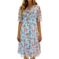 thumbnail image 1 of Vestido Impreso Plisado de Gasa con Cuello en V de las Mujeres, Casual de Manga Corta de Moda, Ligero Suave Y Fluido para Uso Diario, Fiestas, Vacaciones, 1 of 7