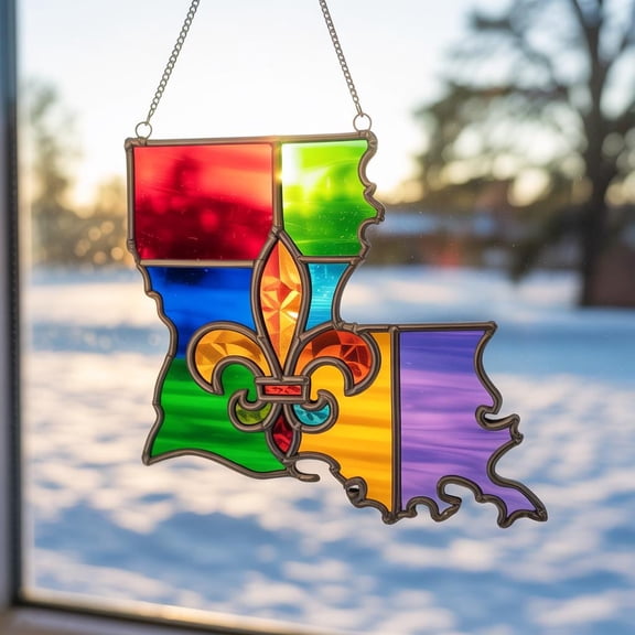 Louisiana Acrylic Suncatcher, Louisiana State Map Xmas Window Hanging with Fleur de Lis, Mardi Gras Home Decor, Louisiana Pride Ornament