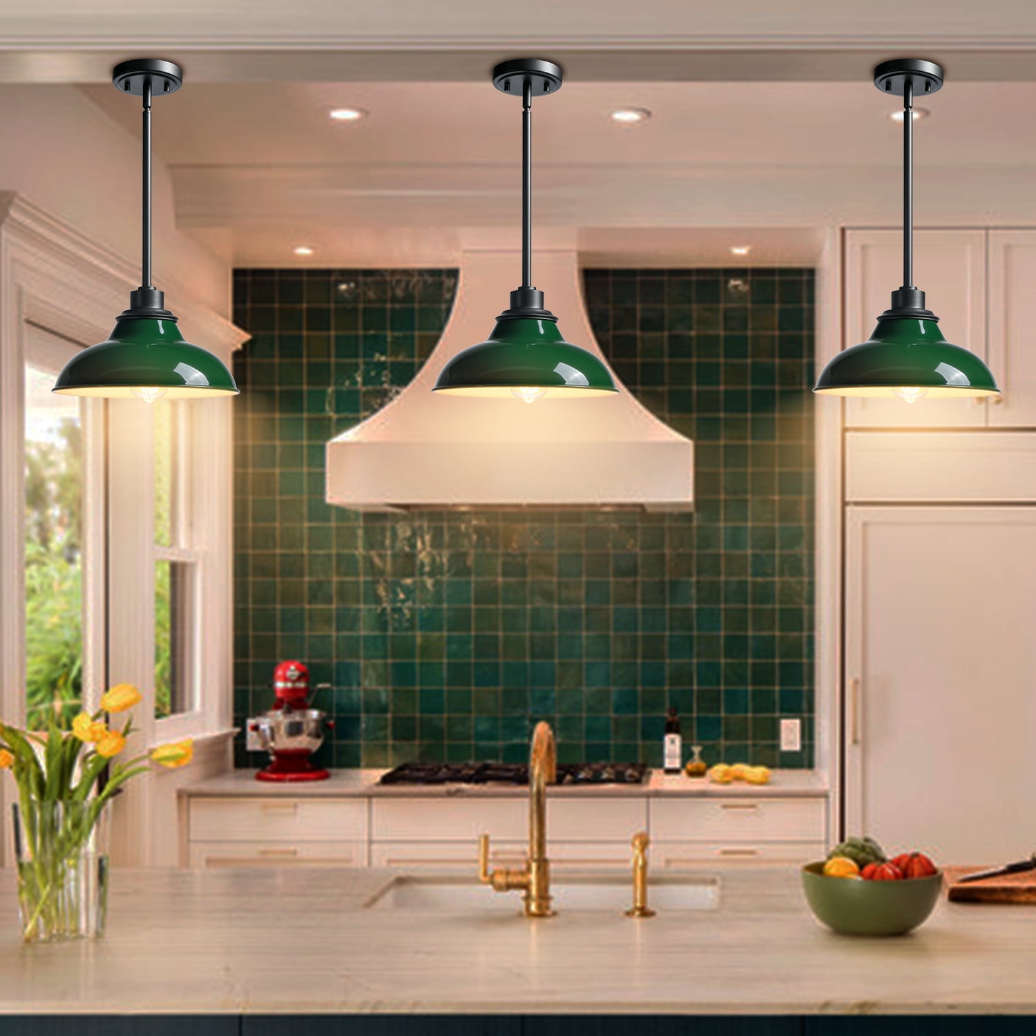 Claxy Green Barn Style Pendant Light Fixtures with Dark Grey Rods