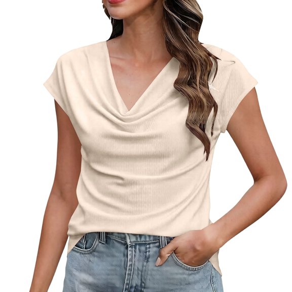 Cowl Neck Tops for Women 2026 Summer Womens Tops Casual Business Blouses Short Sleeve Loose Fit Spring Outfits by Yigetop Beige L