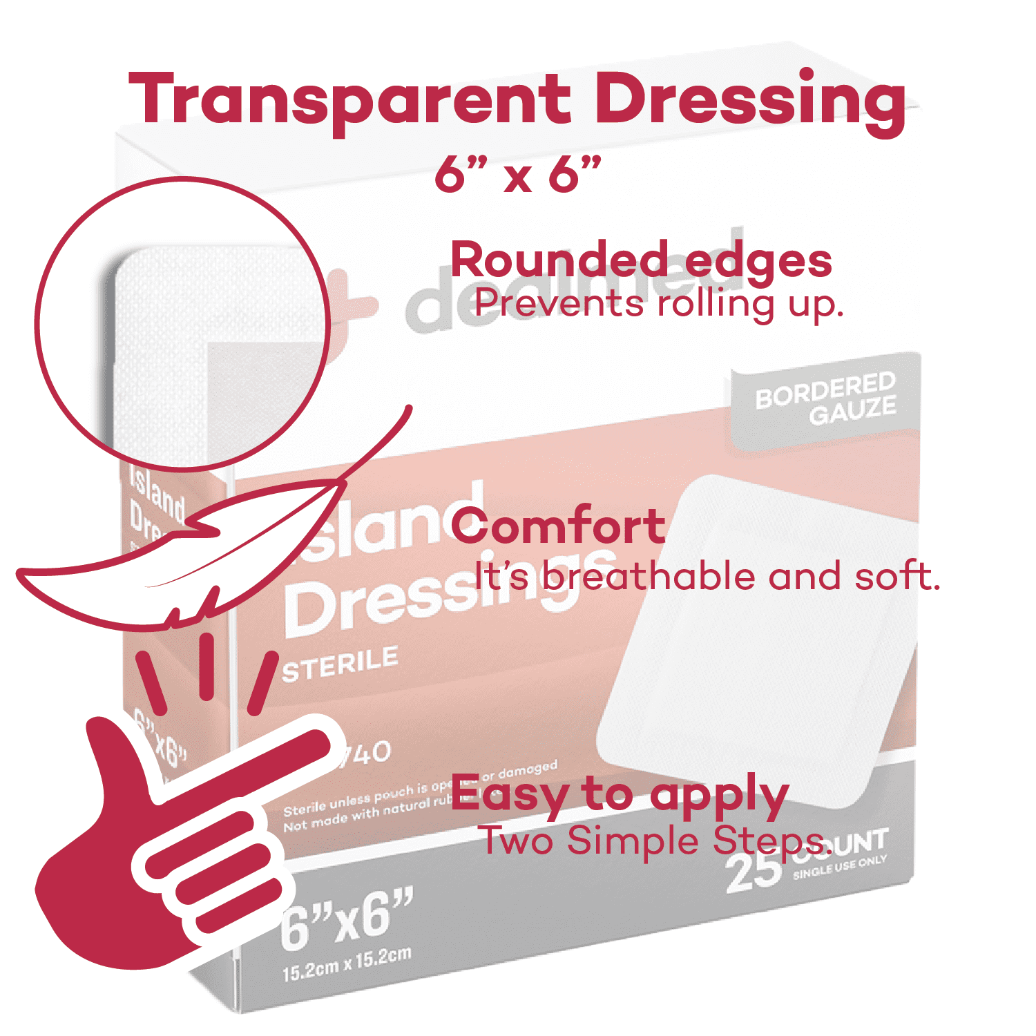 Dealmed Bordered Gauze 6" x 6" Island Dressing, Individually Wrapped, Sterile, 25/Box (Pack of 6)