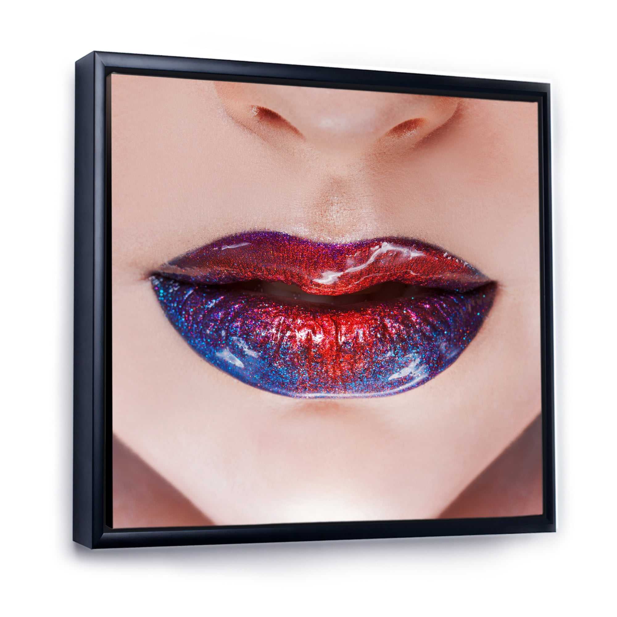 Designart 'Beautiful Women Lips With Red and Blue Lipstick' Modern Framed Canvas Wall Art Print