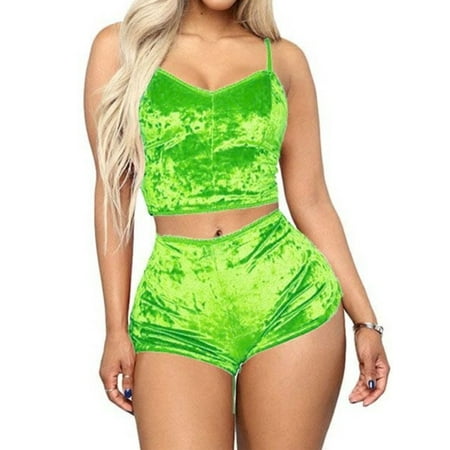 

Women Off Shoulder Sexy 2PCS Lingerie Set Slim Solid Color Sling Crop Top Camisole and Elastic Band Shorts Summer Sleepwear Set