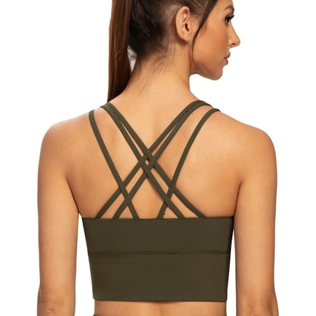 AGONVIN Women s Strappy Longline Yoga Sports Bra Padded Wireless Crop Top Cami Tank Top Olive Green Medium Plus