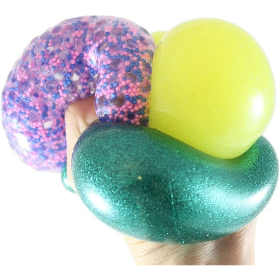 Sampler Pack of 3 Different 2.5" Stress Balls - Confetti, Metallic, Glitter - Squishy Gooey Shape-able Squish Sensory Squeeze Balls OT (RANDOM COLORS)