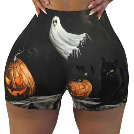 Workout Shorts Women  Halloween Ghosts and Black Cat Biker Shorts for Women Running Gym Spandex Shorts Tummy Control