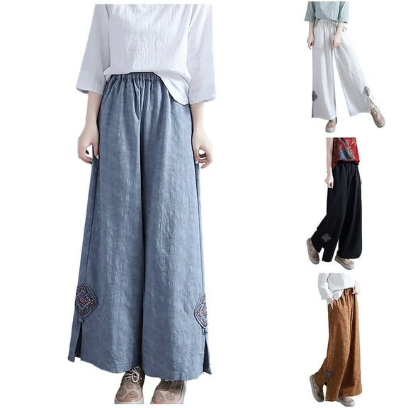 Capri Pants for Women, Xunlbb Ladies' Casual Solid Color Loose Diamond Embroidered Wide Leg Cropped Pants(Black,L)