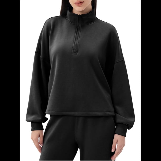 Sudadera Holgada Informal de Modal con Media Cremallera y Cuello Alto para Mujer, Jersey de Larga Popular para Otoño de 2025. Negro S