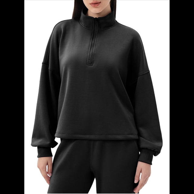 Sudadera Holgada Informal de Modal con Media Cremallera y Cuello Alto para Mujer, Jersey de Larga Popular para Otoño de 2025. Negro S