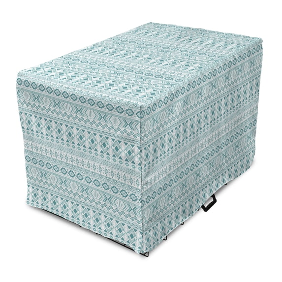 Ikat Dog Crate Cover, Inspired Horizontally Arranged Geometric Cold Toned Folkloric Forms, Easy to Use Pet Kennel Cover Small Dogs Puppies Kittens, 7 Sizes, Cadet Blue Seafoam and White, by Ambesonne