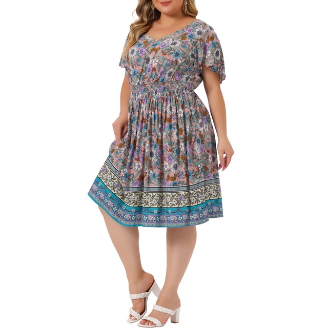 GRACE & GRANDEUR Vestidos de Verano Midi Boho de Manga Corta con Escote en V para Mujeres Talla Grande 2X Rosa