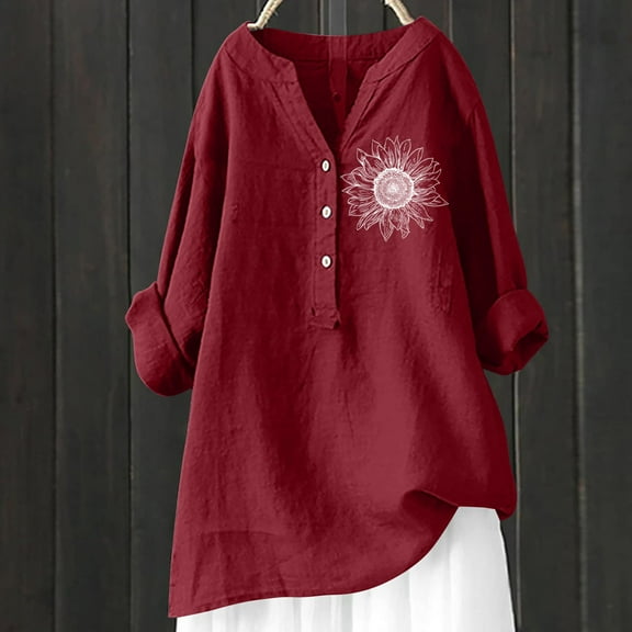 Bovemsi Cotton Linen Shirts for Women V Neck 3/4 Sleeve Loose Tshirt Trendy Blouses Casual Tunic Tops 2025, Red Summer Women's Long Sleeve T-Shirts, XL