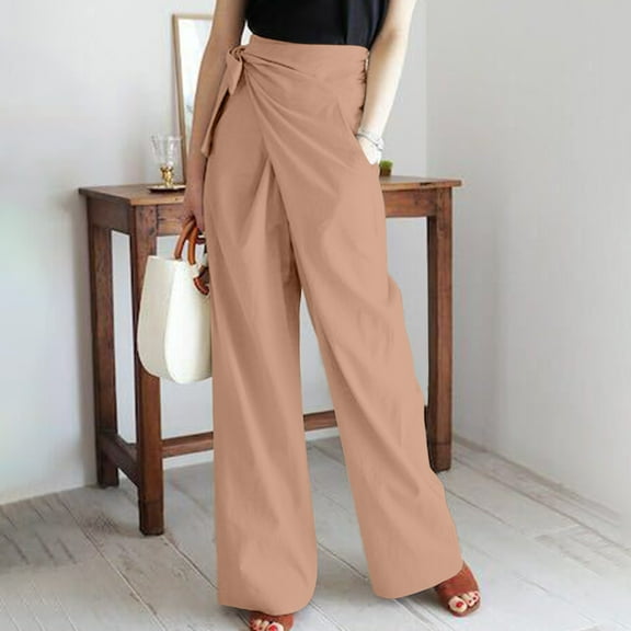 Kiplyki Wide Leg Pants Women Color High Waisted Vent Waist Retraction Appear Thin Tether Pants