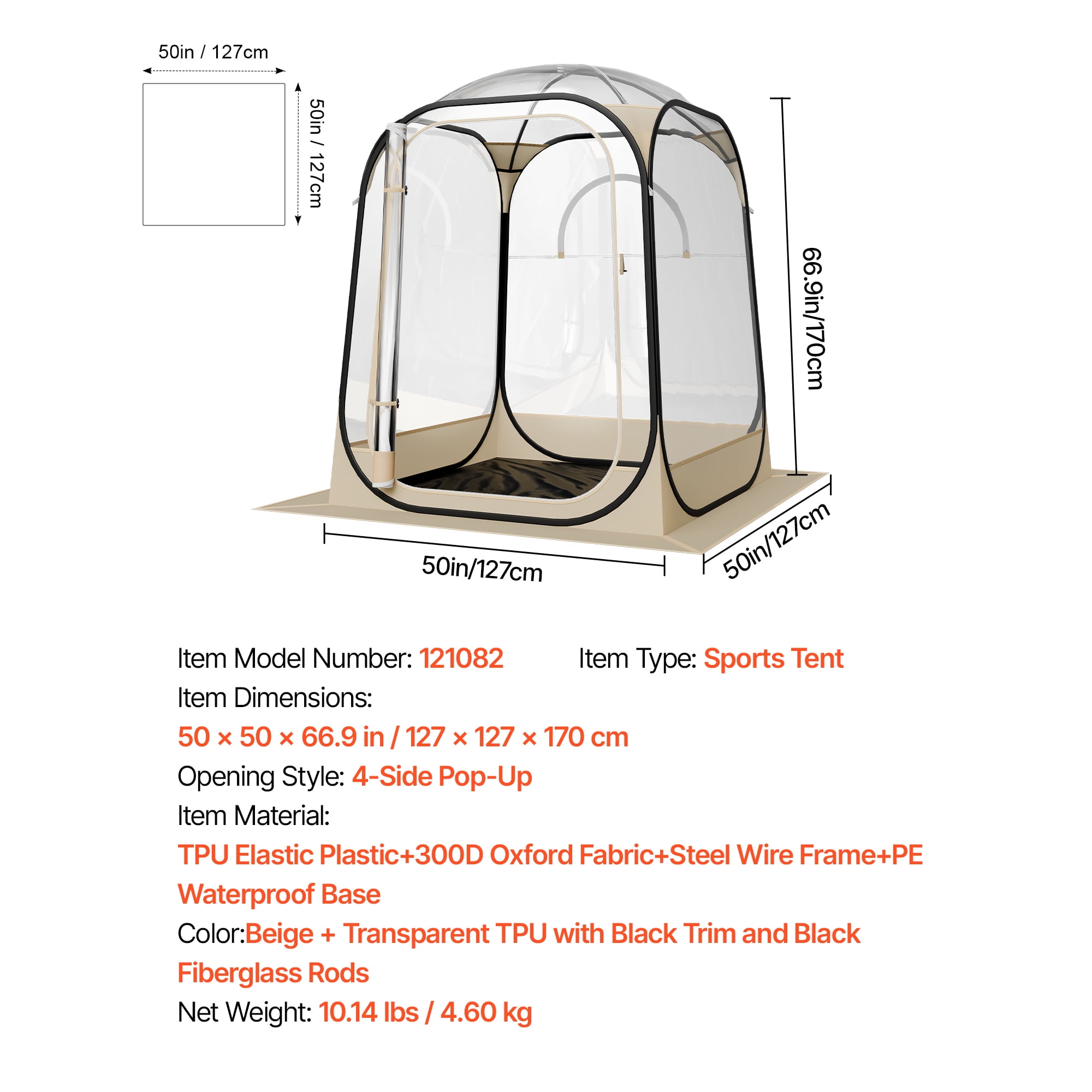 KFFKFF Pop-Up Sports Tent, 50x50 in Clear Outdoor Shelter for One Person, Waterproof Pod with Floor Mat & Top Cover, Garden Dome Tent for Camping, Events, Fishing, and Outdoor Activities