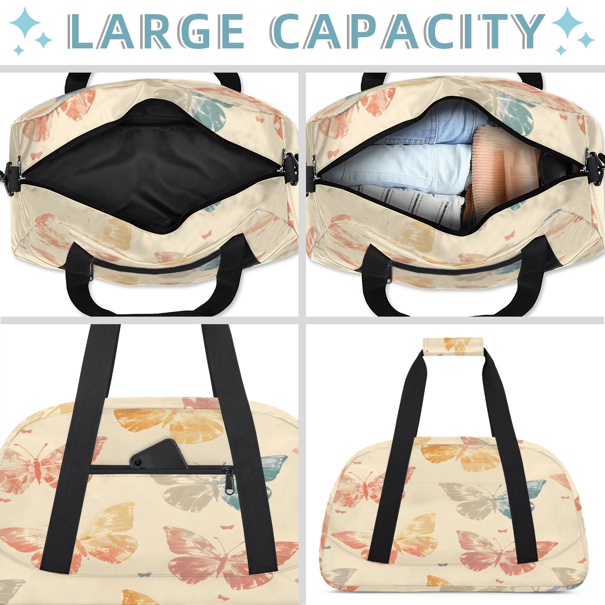 Herdesigns Butterfly Sports Duffle Bag for Women & Men, Butterfly Pattern Gym Bag Dance Bag Overnight Bag Carry On Weekender Travel Bag