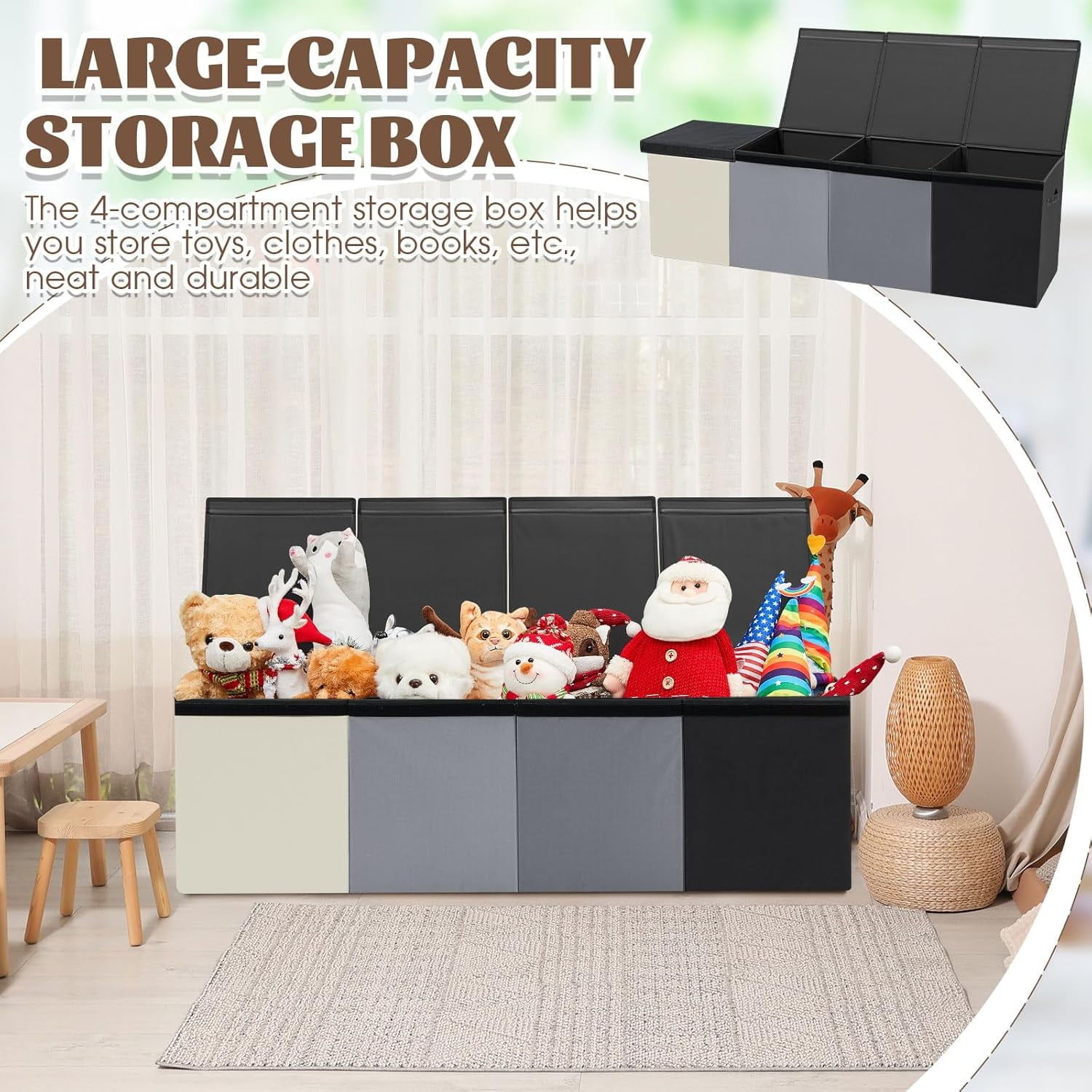 Large Toy Box Chest with Lids 4/3 Grids Large Collapsible Kids Storage Basket for Boys Girls Living Room Nursery Playroom