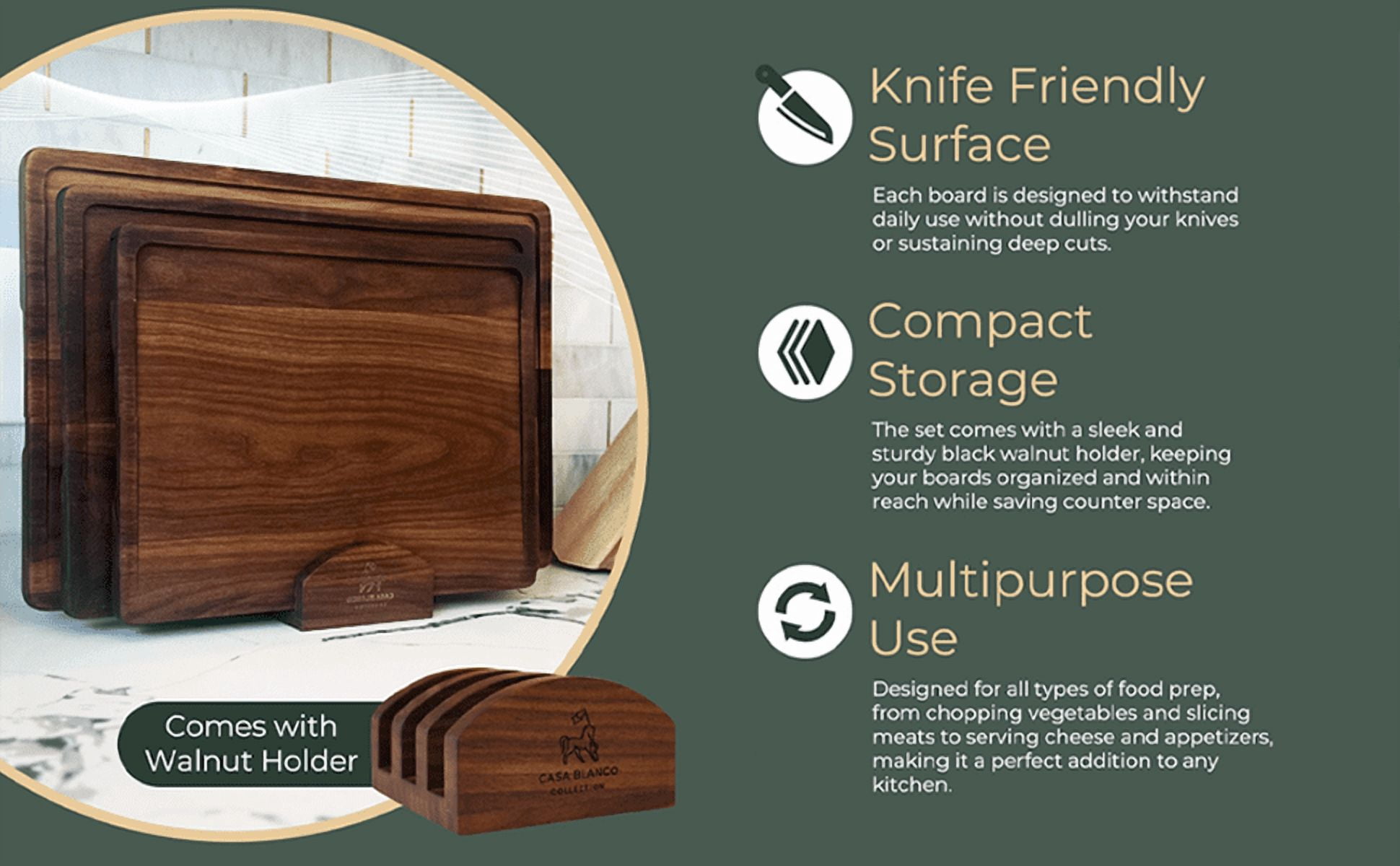 Black Walnut 3 piece Cutting Boards with black walnut stand