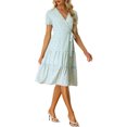 thumbnail image 4 of Vestido midi de manga abullonada con cuello en V y lazo en la cintura de flores de INSPIRE CHIC para mujer en azul claro M, 4 of 6
