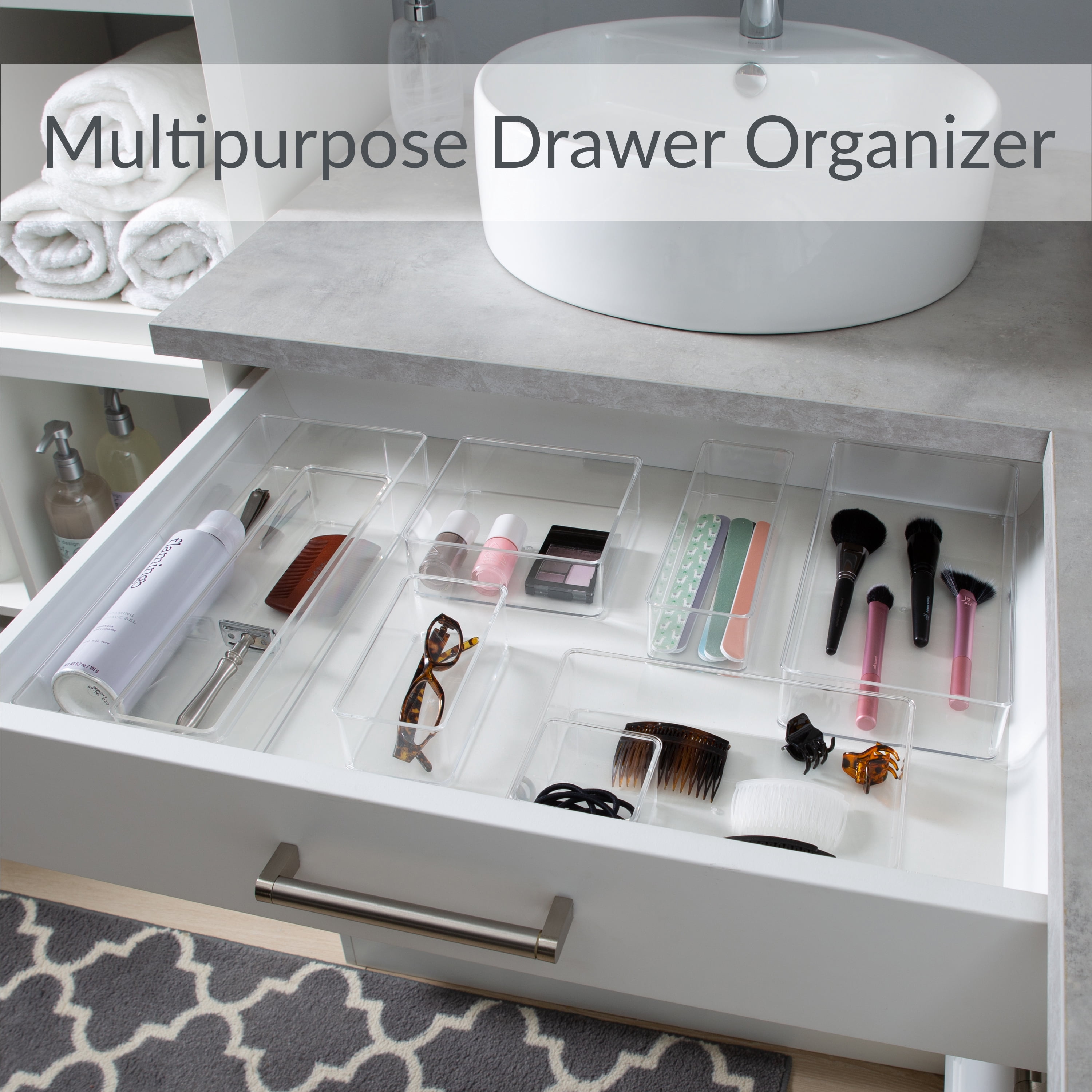 Simplify Medium 9" x 3" Narrow Drawer Organizer, Clear