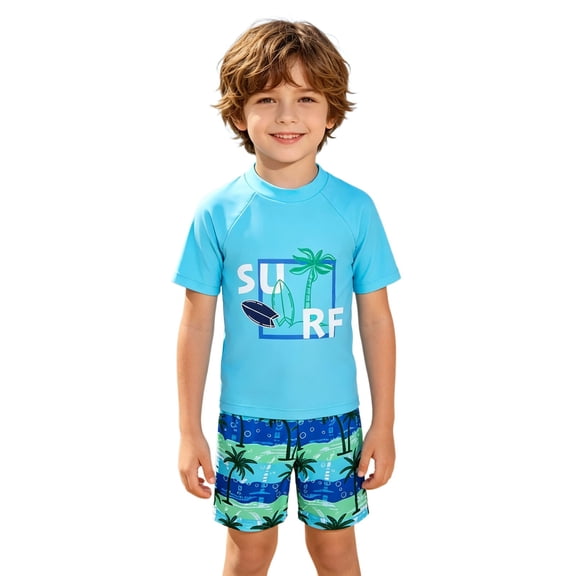 Tiijoy Boys 2-Piece Swimsuit Short Sleeve Rash Guard Swim Shorts Bathing Suits, Sizes 3-8