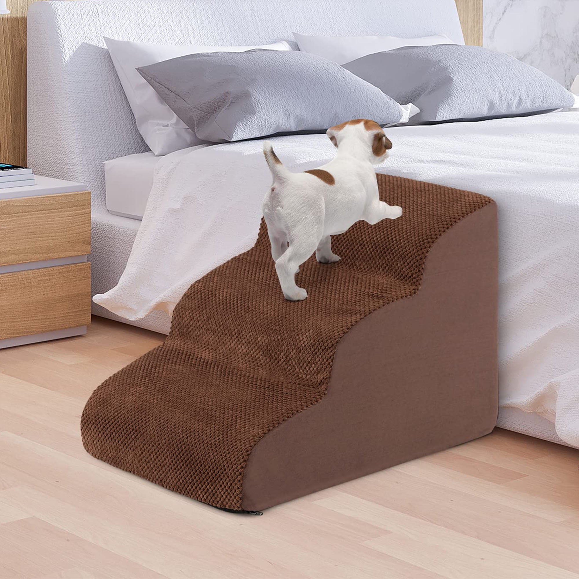 resenkos 23" Dog Stairs for Small Pets with High-Density Sponge and Silicone Paw Prints, 3-Step Dog Ramp for Beds and Couch, Brown