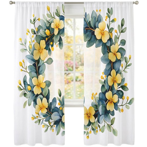 Yellow Flower Eucalyptus Wreath Sheer Curtains 84 inches Long, Country Watercolor Floral Green Leaf Light Filtering Sheer Window Curtains Rod Pocket Voile Drapes for Bedroom Living Room, 2 Panels