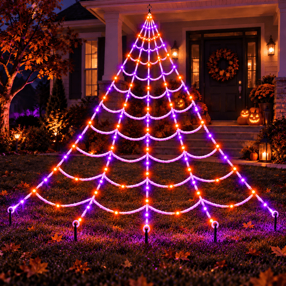 Halloween Spider Web Lights, 8-Function Waterproof Remote Battery Box 250 Purple LEDs 16.4 ft Outdoor Decoration
