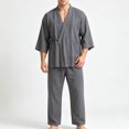 thumbnail image 4 of YUANxueke Mens Cotton Kimono Pajama Sets 3/4 Sleeve Tie Front Shirt & Pants 2-Piece Sleepwear Outfits, 4 of 4