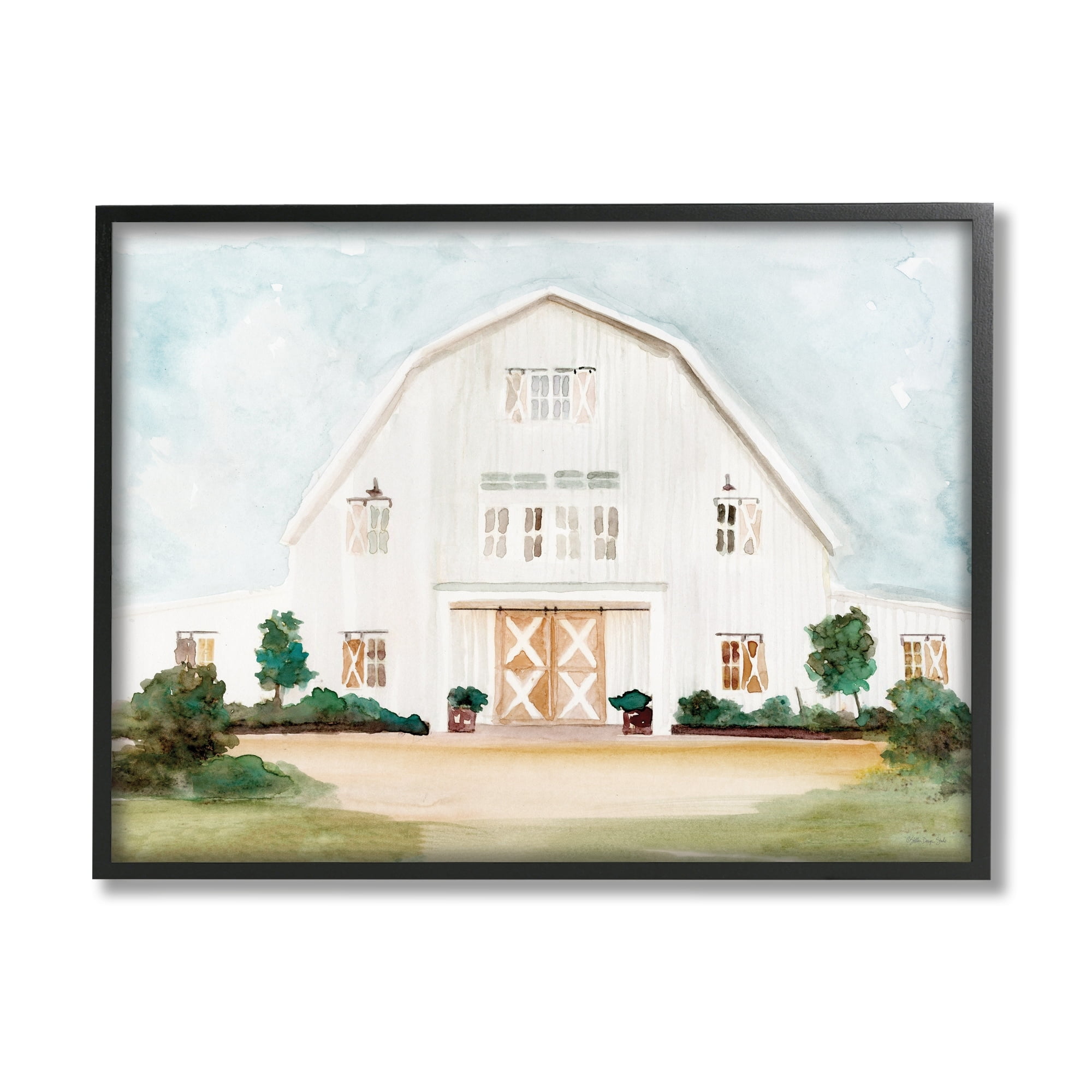 Stupell Industries Distant White Country Barn Rural Blue Sky Paintings Black Framed Art Print Wall Art, 30x24, by Stellar Design Studio