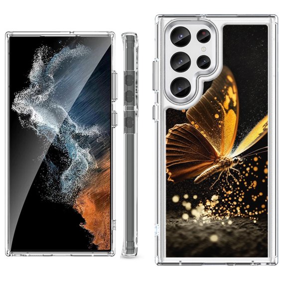 Shockproof Bumper Phone Case for Samsung Galaxy S23 Ultra 5G, by OneToughShield ® - Golden Butterfly