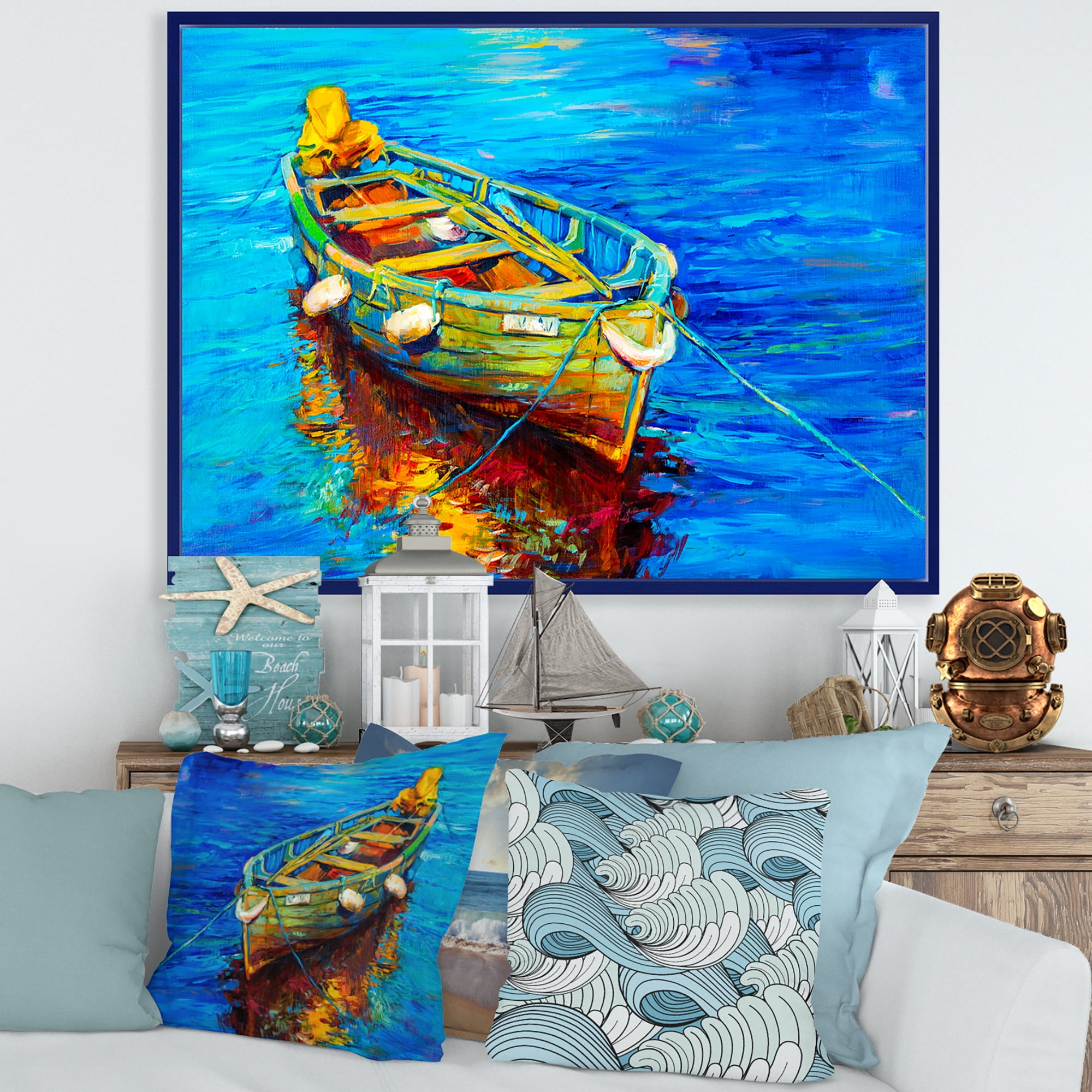 Boats During Warm Sunset Resting On The Water IV 20 in x 12 in Framed Painting Canvas Art Print, by Designart
