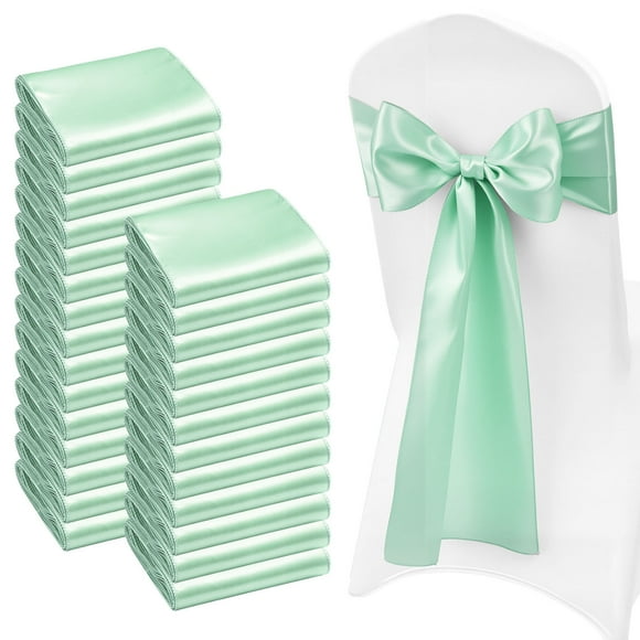 KFFKFF Satin Chair Sashes Bows, 100PCS Chair Ribbon Ties Back Sash, 7 x 108 inch, Light Green Wedding Reception Decoration