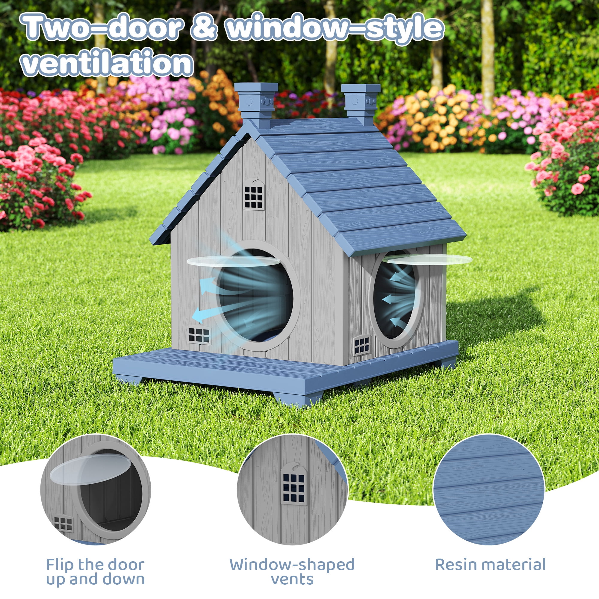 Bifanuo Outdoor Cat House,Weatherproof Resin Cat House, Villa-Style Outdoor Cat Shelter,Assemble Easily for Home & Yard,Blue
