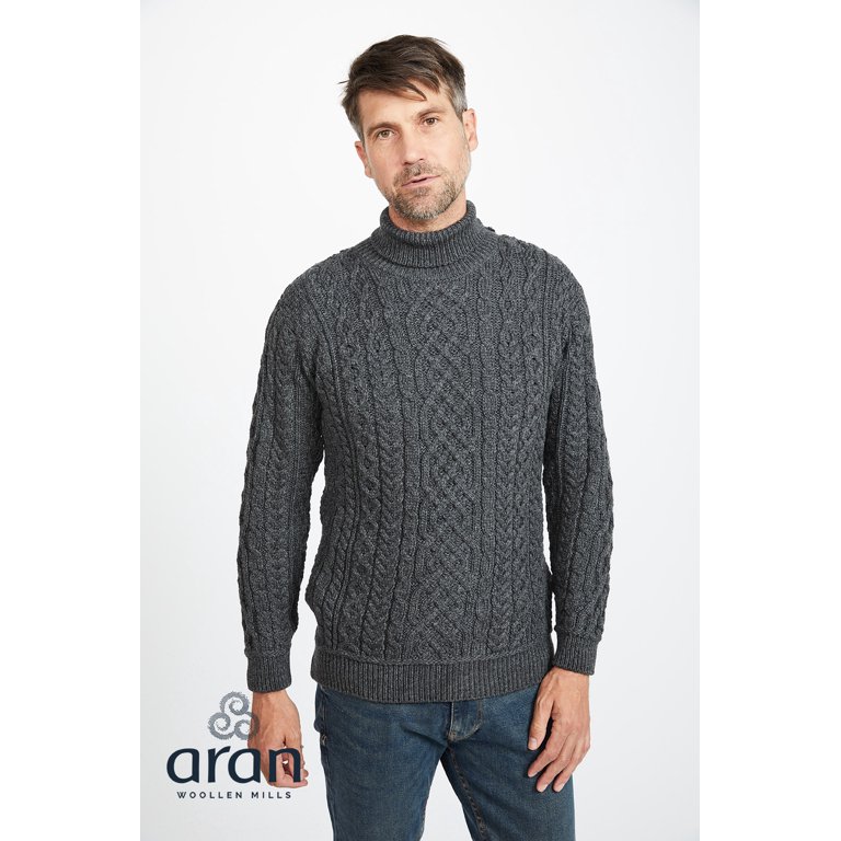 Aran Traditional Merino Wool High Neck Sweater Men's Irish Made Knitted  Pullover