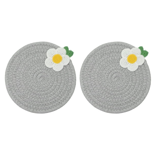 2Pcs Manteles Individuales Redondos Trenzados, 7.1" Manteles Tejidos para Mesa de Cocina con Flor para Decoración de Granja (Gris)