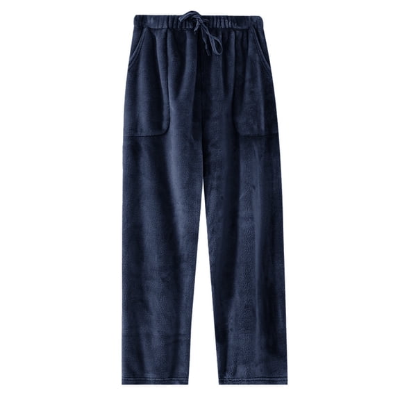 Mens Fleece Sleep Pants Casual Wide Leg Fuzzy Pajama Bottoms with Pockets Plush Soft Loungewear Pj Trousers Navy, 3XL