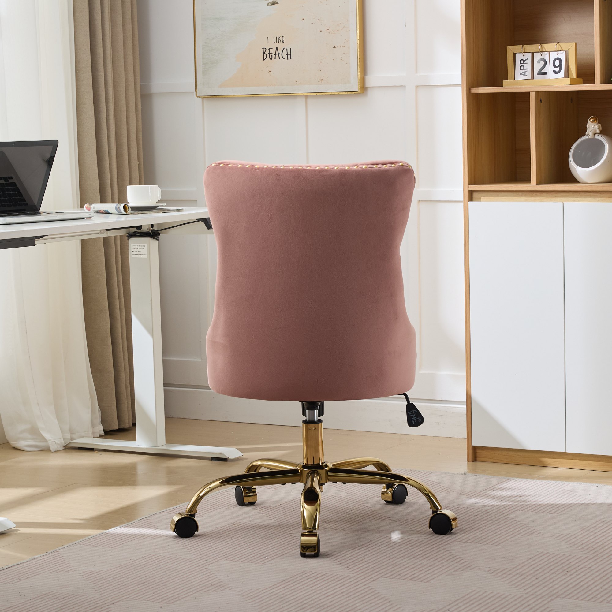 SESSLIFE Swivel Vanity Chair, Modern Office Chair with Wheels, Golden Metal Base, Velvet Upholstered Tufted Button Home Office Chair with Adjustable Height, Ergonomic Home Desk Chair, Pink