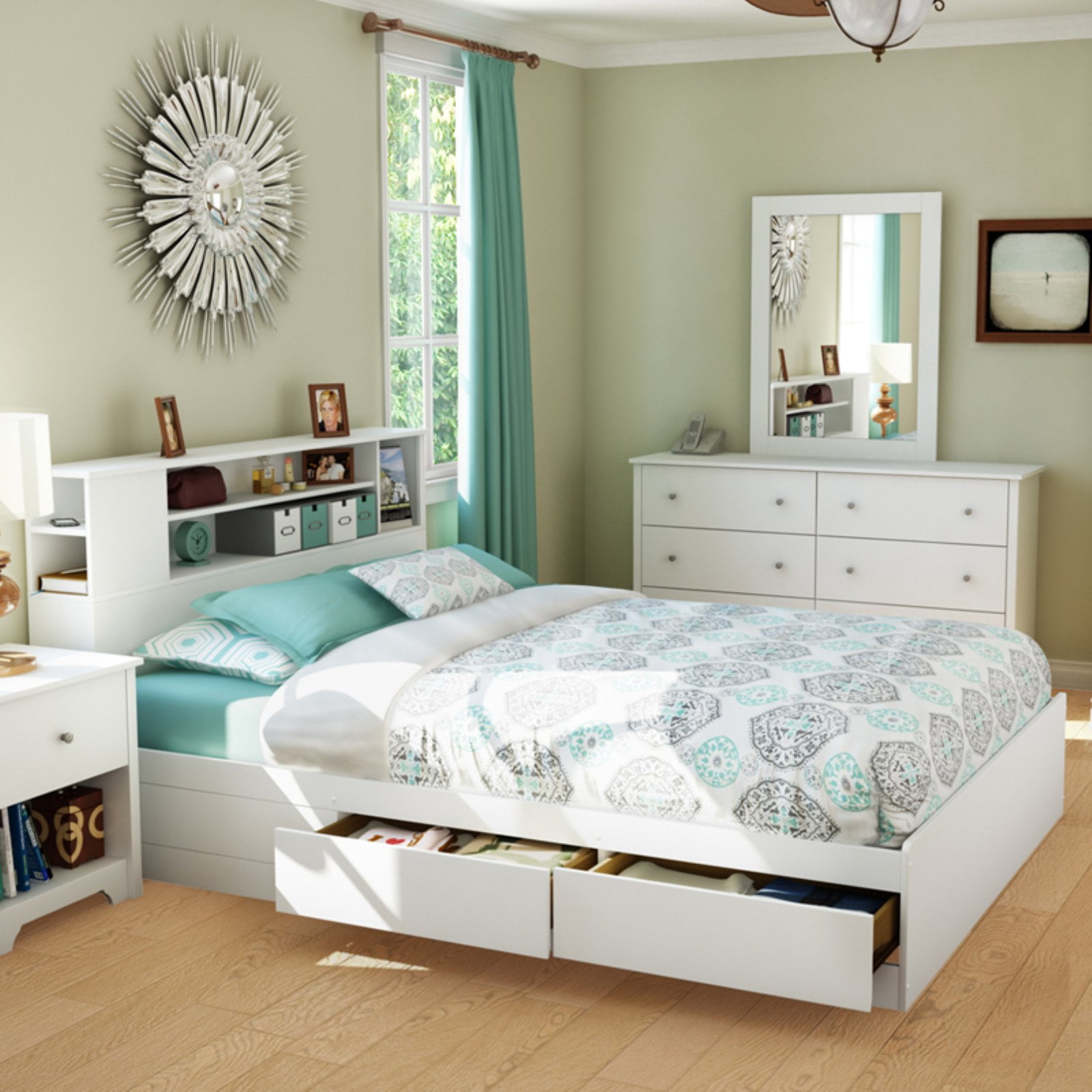 Queen bed with bookshelf cheap headboard