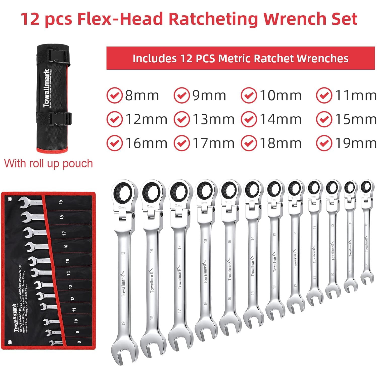Telyswee 12-Piece Flex-Head Wrench Set, Ratcheting Combination Set, Metric 8-19mm, 72-Teeth, Cr-V Steel Ratchet Wrenches Set with Storage Bag for Home Car Bike