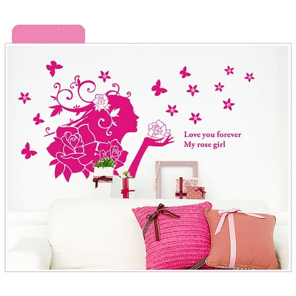 3Pcs Red Rose Girl Wall Sticker PVC Transparent Film Bedroom Living Room TV Background Wall Sticker