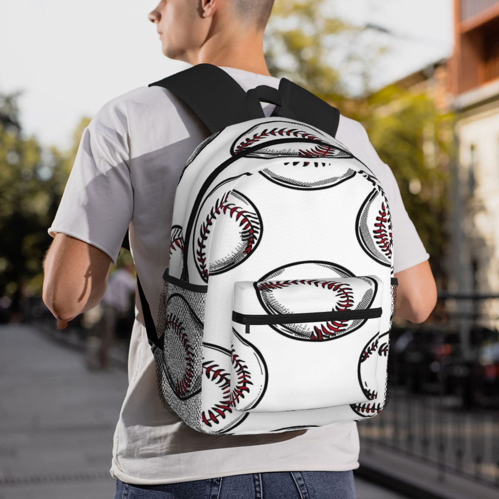 Casual Backpack Water Resistant Lightweight Daypack For Work Travel Hiking Camping Laptop Compartment & Side Mesh Pockets Baseball Theme Sporty Dynamic